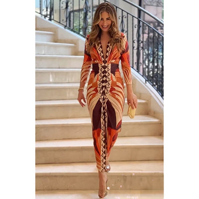 Vestido Midi Estampado Geométrico – Manga Larga y Corte Ajustado