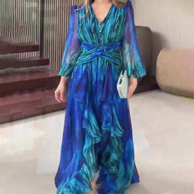 Vestido Largo Estampado con Volantes – Manga Larga y Cintura Entallada