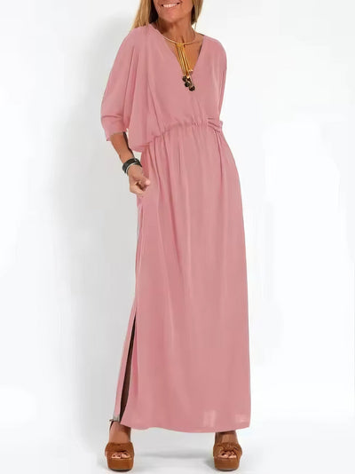 Vestido largo de noche vintage con cuello en V y cintura alta para mujer